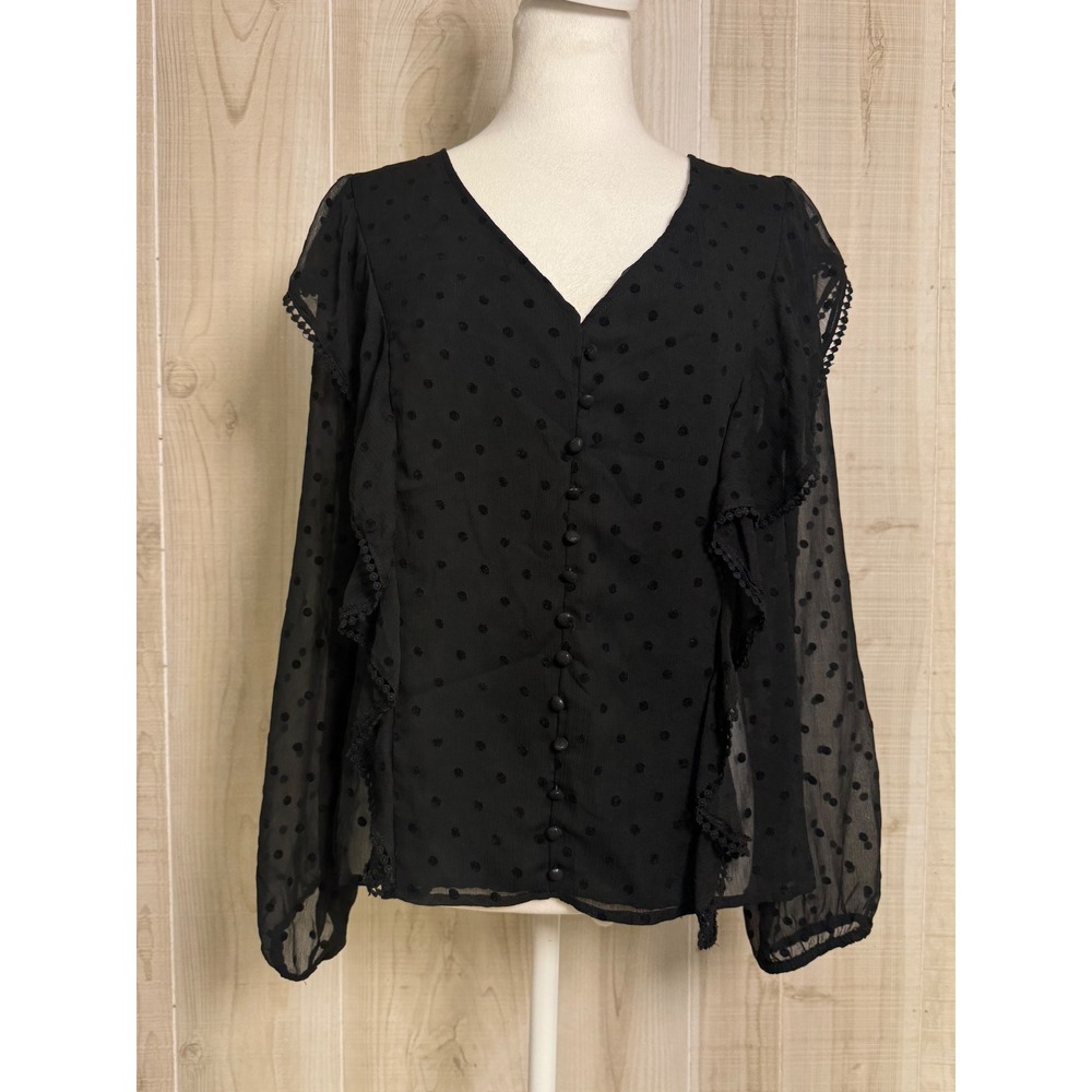 Zara Black Swiss Dot Ruffle Blouse Sheer Lace Trim V-Neck Button Front Large